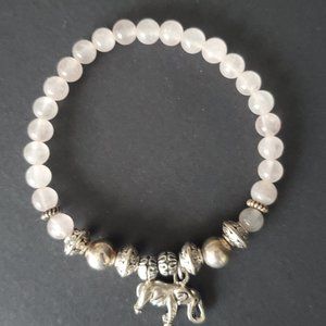 VTG Beaded Boho Bracelet + Elephant Charm Pink Quartz Beads & Rustic Silver